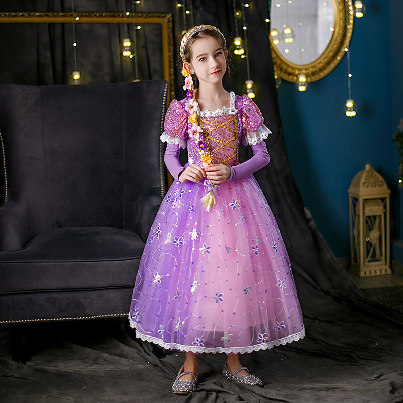 ديزني متشابكة رابونزيل فستان الأميرة للفتيات مطرزة كرة شبكية ثوب طفل زي حفلة رائعة مع قفازات عيد الميلاد رداء