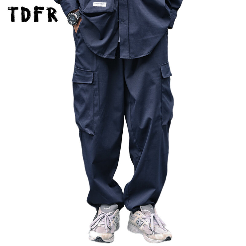 جيب البضائع السراويل مع حزام رجالي سفاري نمط بلون عادي فضفاض واسعة الساق مرونة الخصر بنطلون الرجال #1