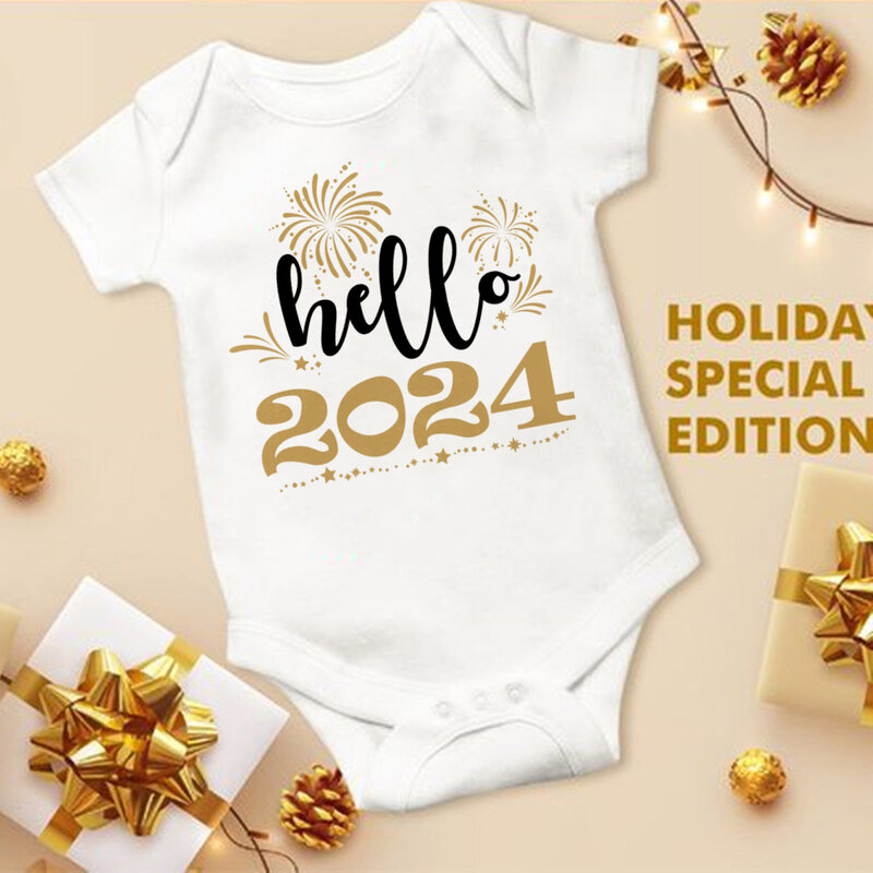 بدلة قطعة واحدة للأطفال من Hello 2024 رومبير للأطفال الرضع هدية السنة الجديدة بدلة قصيرة الأكمام للأطفال الأولاد ملابس للبنات حديثي الولادة هدية للاستحمام