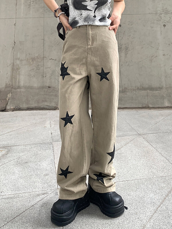 YIKUO Harajuku ستار طباعة الجينز y2k موضة الشارع الشهير لطيف الكاكي سراويل تقليدية الجمالية النساء الأساسية الركض الدينيم Sweatpants