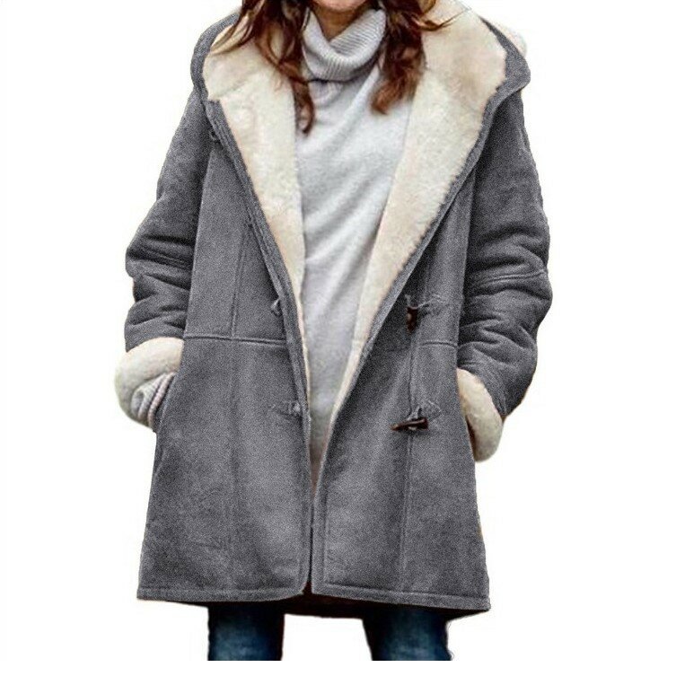 المرأة معطف دافئ عادي المرأة موضة الصلبة زر عادية سترة دافئة متوسطة طويلة مقنعين جيب المرأة معطف