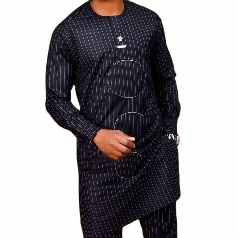 رجل أسود مخطط الأفريقي 2 قطعة مجموعة قميص و السراويل الزي مأدبة حفلة الملابس الأفريقية الشارع الشهير عادية Dashiki قميص دعوى