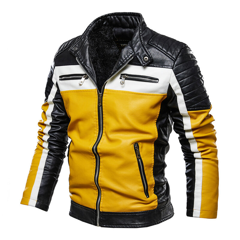 Men Yellow PU Leather Jacket Patchwork Biker Jackets  Casual Zipper Coat Male Motorcycle Jacket Slim Fit Fur Lined Outwear Coat