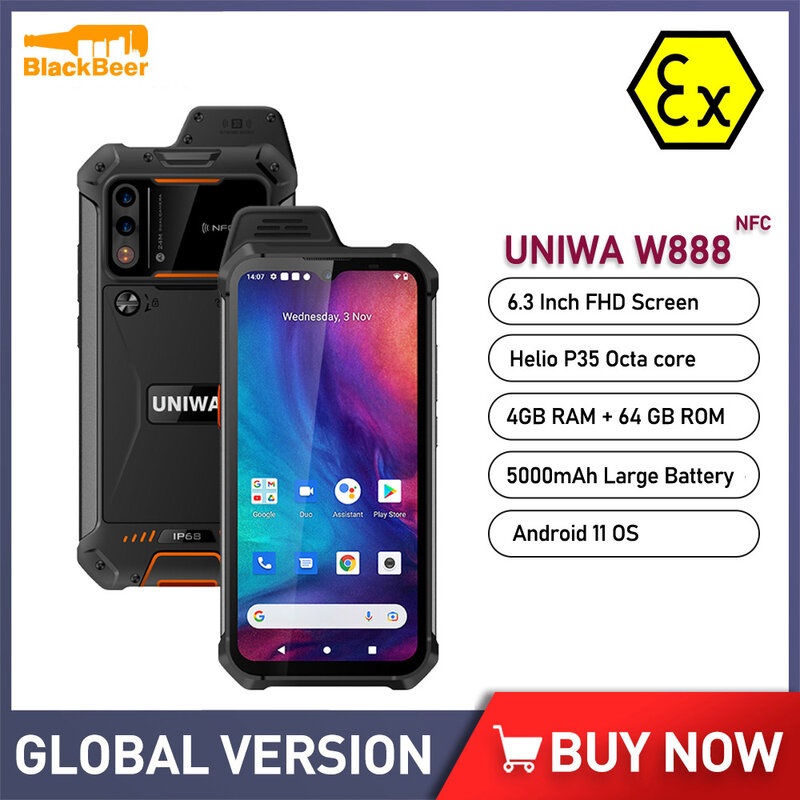 UNIWA W888 ATEX الهاتف الذكي المقاوم للانفجار IP68 Andriod 11 ثماني النواة الهاتف المحمول 4GB 64GB 6.3 "هيليو P35 الهاتف المحمول 5000mAh NFC