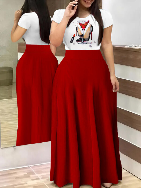 حجم كبير الإيمان إلكتروني طباعة قصيرة الأكمام فستان ماكسي