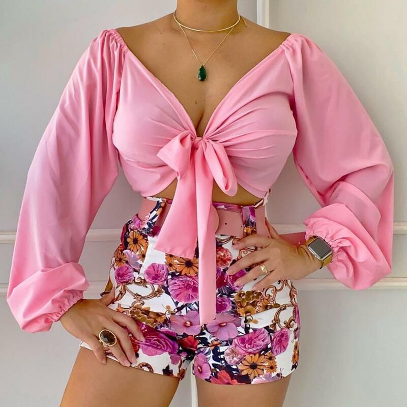 Two Piece Women, Casual Deep V Neck Solid Color Long Sleeve Top and Belt Print Short 2022 Summer Sexy Outfit