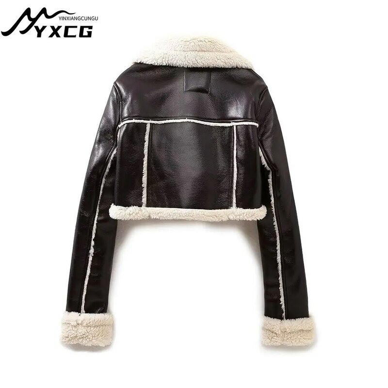 Women Fashion Thick Warm Leather Jacket Woman Faux Shearling Crop Coat Vintage Long Sleeve Front Zipper Female Outerwear Tops #2