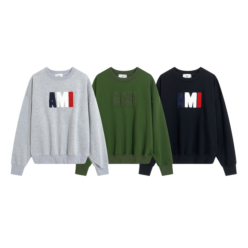 AMI Alexandre Mattiussi Unisex Men's Sweatshirt Couple Casual Fashion Trend Cotton Sweater Solid Color Pullover Gift 235