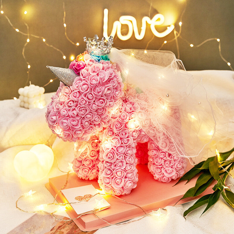 عيد الحب هدية لصديقة الزهور الاصطناعية الدب الوردي يونيكورن رغوة بلاستيكية ارتفع تيدي بير حفلة عيد ميلاد الديكور