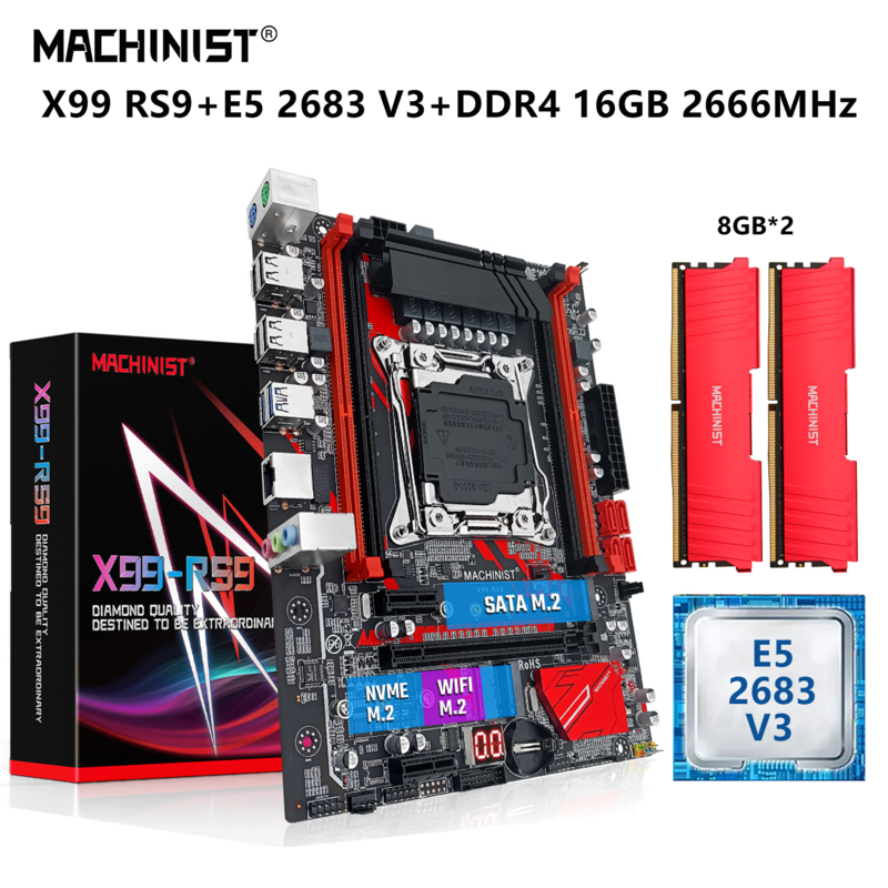ماشينيست X99 اللوحة مجموعة LGA 2011-3 مع عدة Xeon E5 2683 V3 معالج وحدة المعالجة المركزية 16G = 2x8G DDR4 2666MHz RAM SATA USB 3.0 X99-RS9