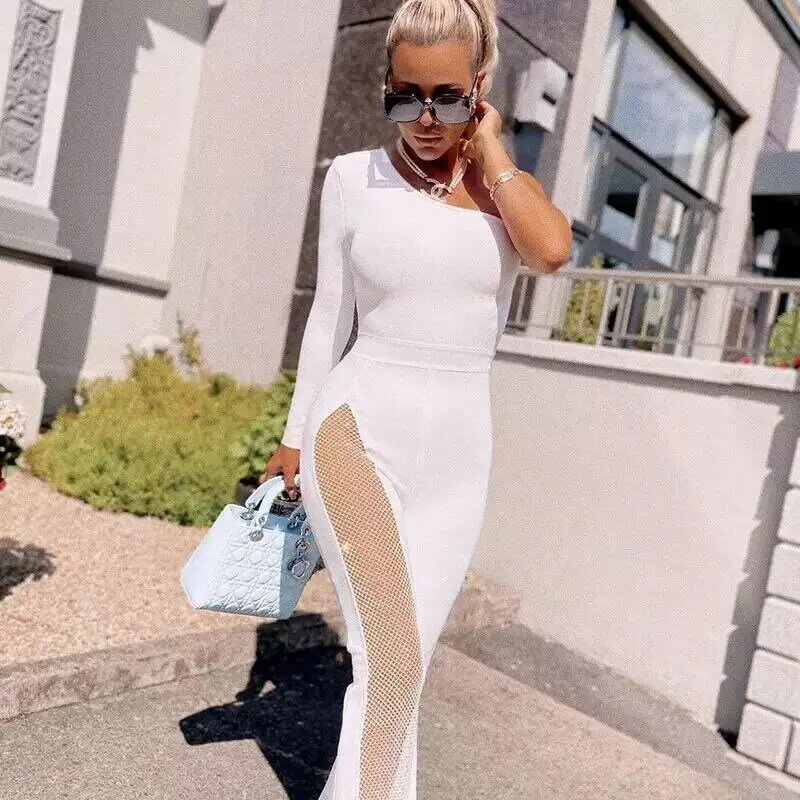 Sexy Mesh Patchwork One Shoulder Playsuits Women Elegant Solid Skinny Flare Pants Jumpsuit Fashion Lady Party Streetwear