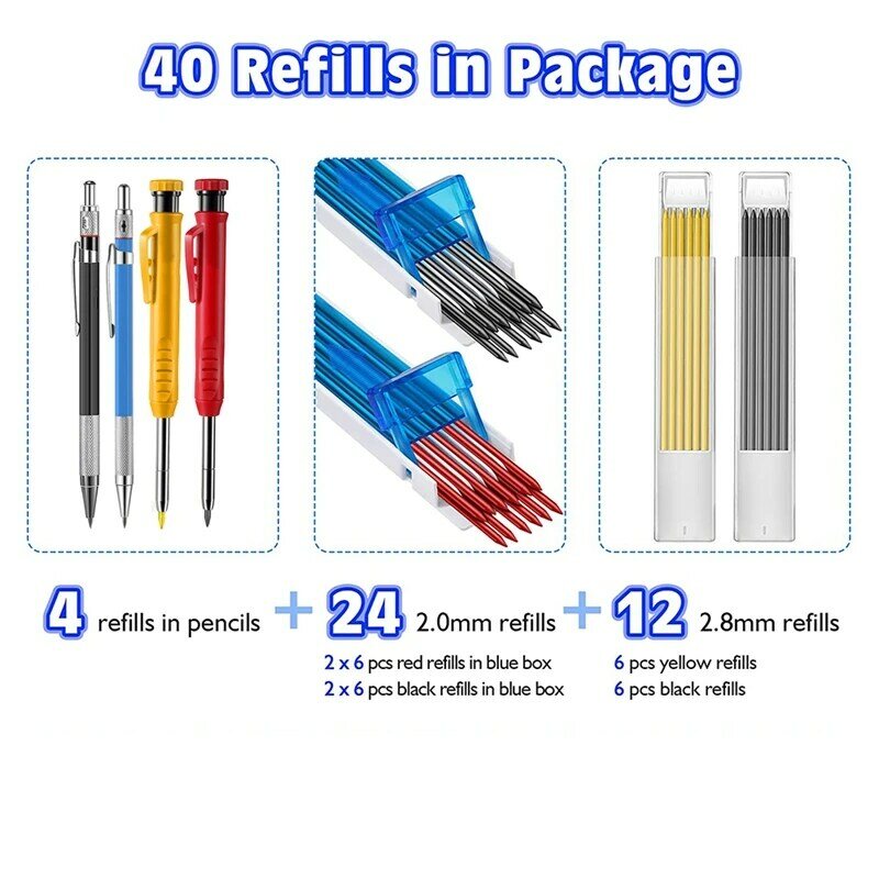 عدة أقلام رصاص نجار ميكانيكي مع 40 عبوة ، 4 قطعة أقلام رصاص ملونة عميقة حفرة النجارة ، أدوات وسم النجارة