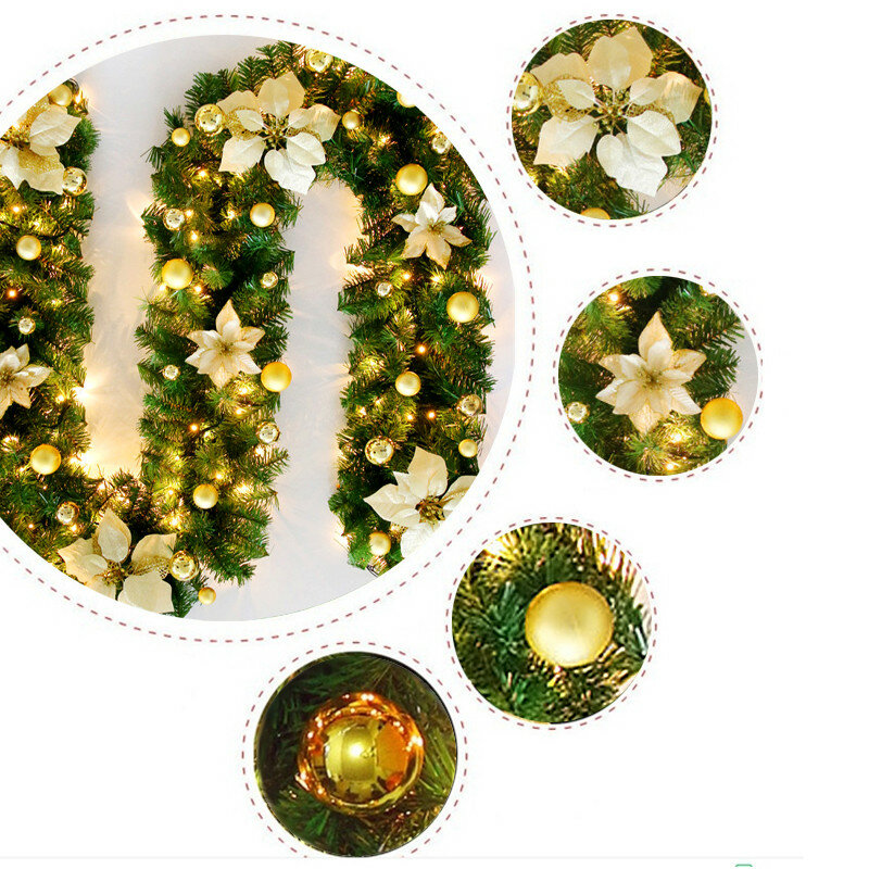فاخر عيد الميلاد LED الروطان جارلاند ديكور مع أضواء زهرة الأخضر الاصطناعي شجرة عيد الميلاد راية الطرف الديكور إكليل