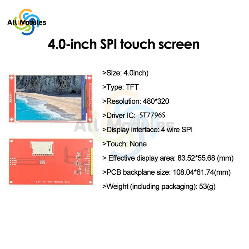 4.0 بوصة شاشة وحدة عرض LCD SPI المسلسل LCD وحدة شاشة تعمل باللمس 480*320 TFT وحدة عرض ST7796S/ILI9488 4-Wire SPI