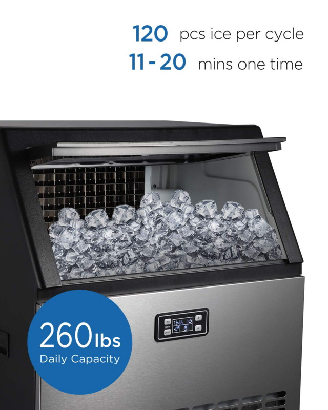 AGLUCKY آلة تصنيع الثلج التجارية 270lbs Ice/ 24H الفولاذ المقاوم للصدأ صانع الجليد قائمة بذاتها آلة مع شاشة الكريستال السائل مثالية ل