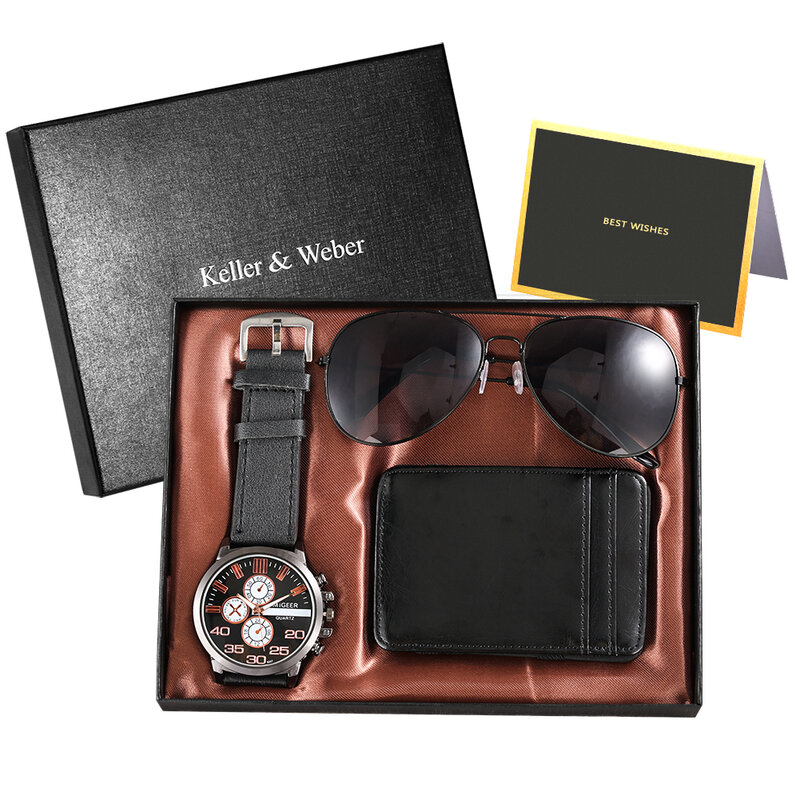 موضة ساعة رجالي مجموعة الكلاسيكية محفظة النظارات الشمسية الأعمال الترفيه كوارتز ساعة اليد علبة هدايا رائعة عيد ميلاد لصديقها #3