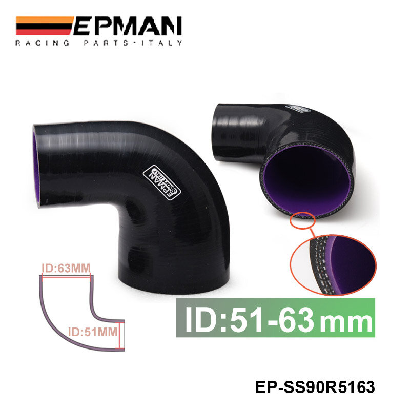 EPMAN - 2 "-2.5" 51 مللي متر-63 مللي متر 4 رقائق سيليكون 90 درجة الكوع المخفض خرطوم أسود ل VW EP-SS90R5163