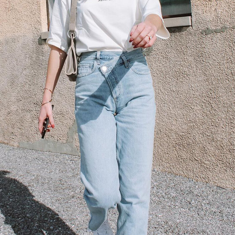 Vintage جينز غير منتظم امرأة ربيع الصيف عالية الخصر زر القطن ريترو طويل بنطال ذو قصة أرجل واسعة بنطلون خمر غير رسمي 2021