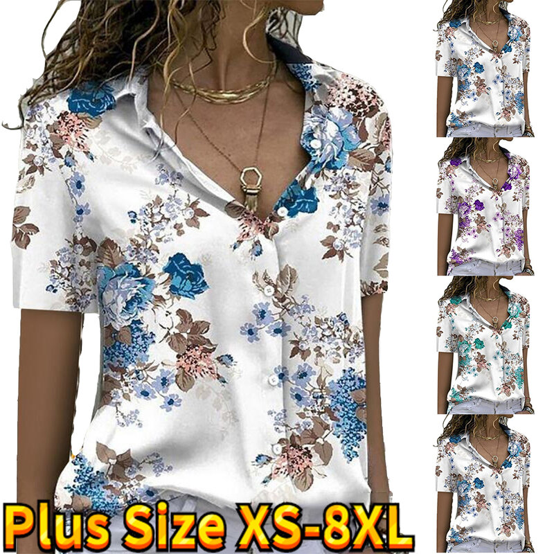 صيف 2023 بلوزة موضة عادية تصميم جديد الطباعة قصيرة الأكمام الخامس الرقبة قميص المرأة قصيرة الأكمام زر أسفل قميص