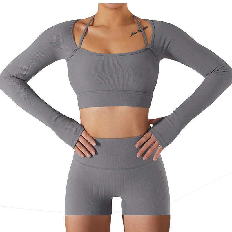 Yoga Set Women Seamless Sport Set Sports Bra Long Sleeve Crop Top Sports Top Gym Leggings Yoga Shorts Workout Clothes For Women