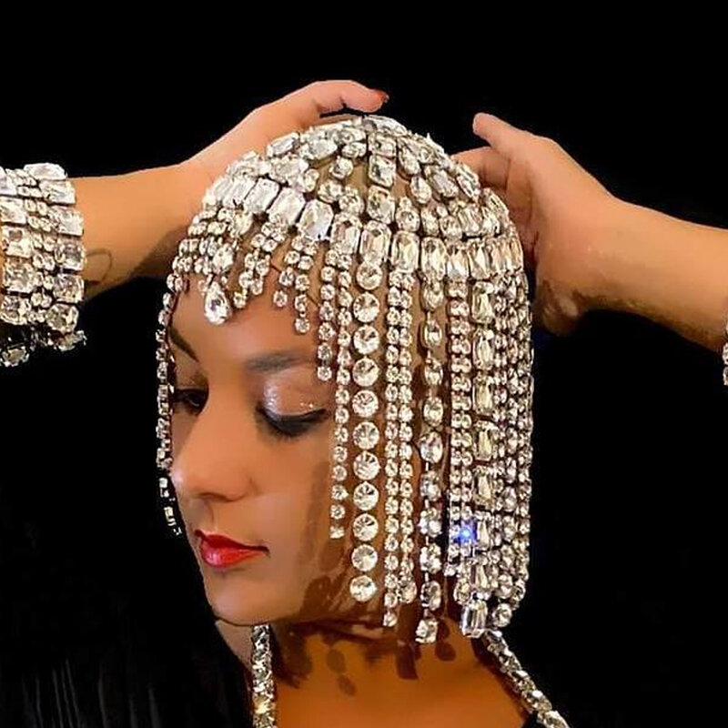 Stonefans Geometric Crystal Tassel Hair Chain Bridal Headpiece for Women Rave Accessories Rhinestone Head Chain Hat Boho Jewelry