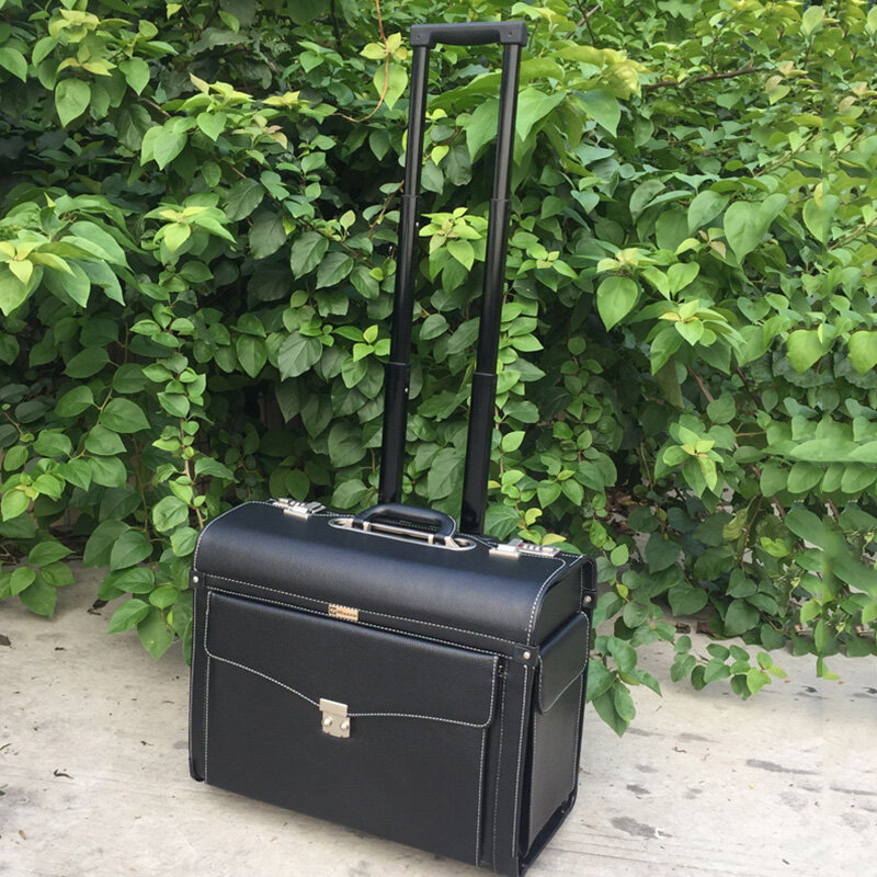 حقيبة سفر من الجلد الأسود من leتريند بعجلات 18 بوصة تحمل على ترولي حقائب سفر للطيار حقيبة سفر للأمتعة