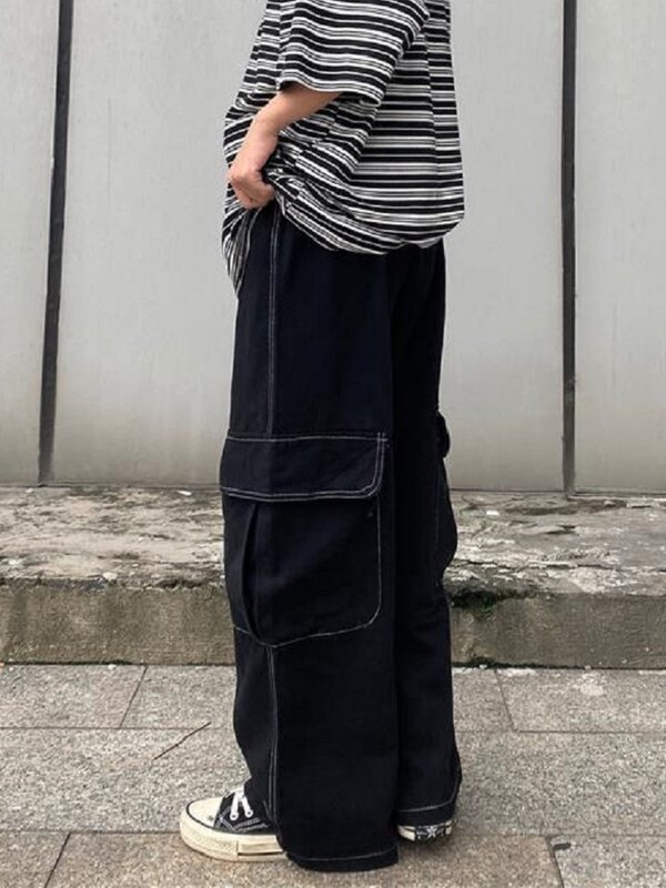إيمو الرجال السود الشارع الشهير Harajuku الهيب هوب المتضخم Techwear كبيرة الحجم البضائع السراويل النساء واسعة الساق بنطلون للإناث Alt الملابس #2