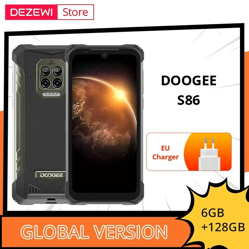 DOOGEE S86 هاتف ذكي قوي 6GB + 128GB 8500mAh بطارية الهاتف الذكي IP68/IP69K الهاتف المحمول Helio P60 ثماني النواة 16MP رباعية الكاميرا