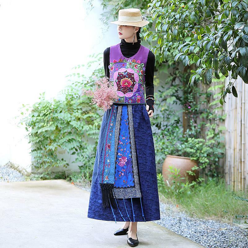 2022 traditonal ethnic harajuku flower embroidery skirt chinese national woman a-line skirt vintage women cotton linen skirt