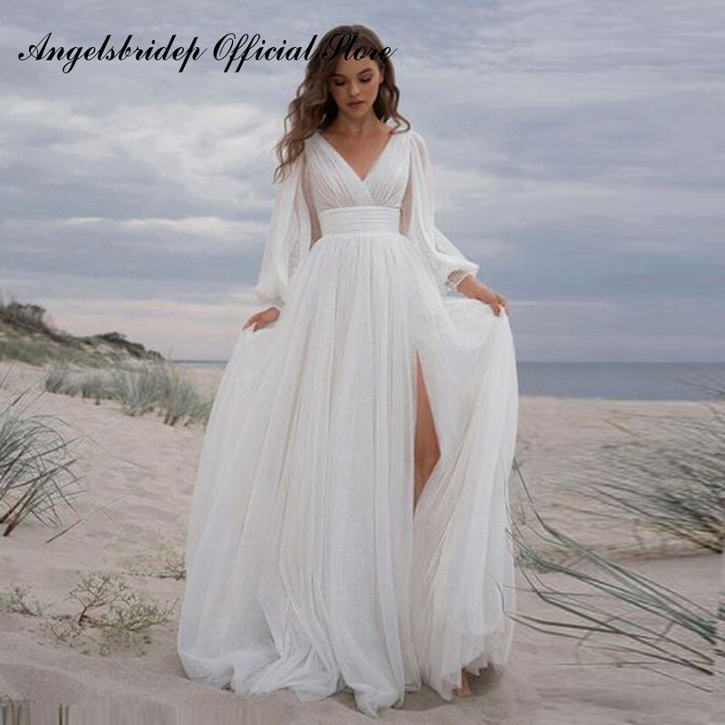 Angelsbridep Tulle Beach Long Sleeves Wedding Dresses 2022 Sexy Split Train Simple Bridal Gowns Boho Backless Robe De Mariée #1