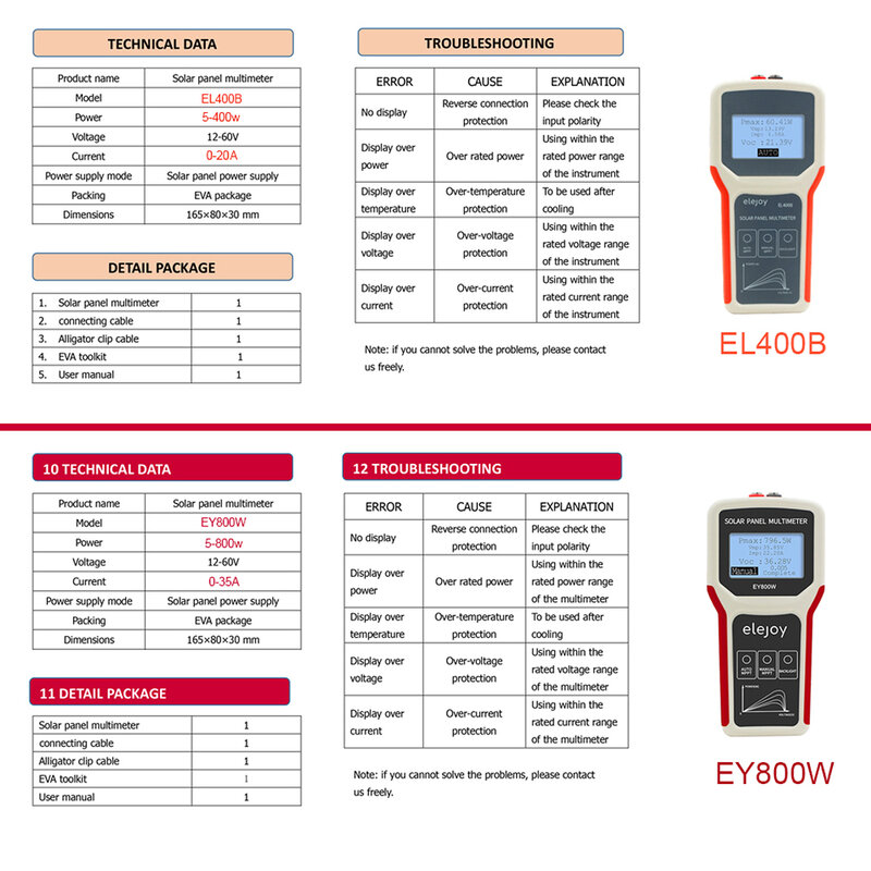 EL400B/ EY800W لوحة كهروضوئية متعددة السيارات/دليل MPPT كشف لوحة طاقة شمسية LCD MPPT اختبار الجهد اختبار أداة