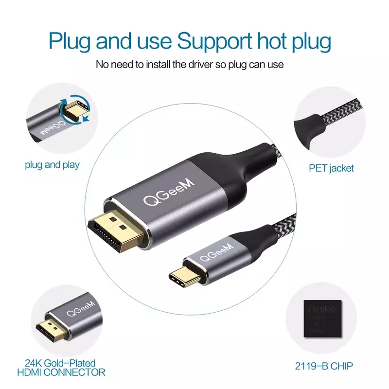 كابل USB C إلى ديسبلايبورت (4K @ 60Hz) ، USB 3.1 Type C (Thunderbolt 3 متوافق) إلى كابل DP لماك بوك 2017 جالاكسي S9 هواوي P20 #2