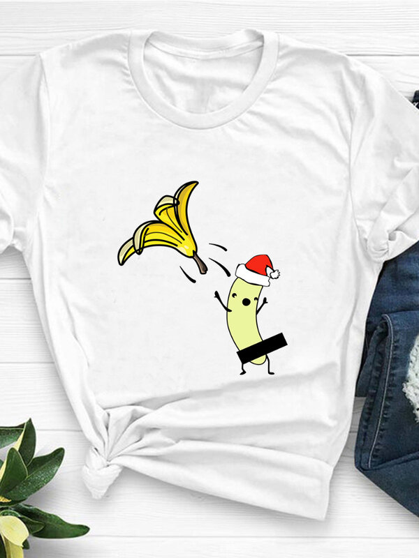 مضحك عيد الميلاد الموز طباعة تي شيرت المرأة قصيرة الأكمام س الرقبة فضفاضة التي شيرت الصيف المرأة السببية تي شيرت بلايز Camisetas Mujer