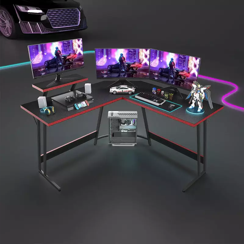 Vineego-مكتب ألعاب على شكل حرف L ، ركن كمبيوتر ، طاولة ألعاب كمبيوتر ، حامل جهاز عرض كبير ، أسود ، 51"