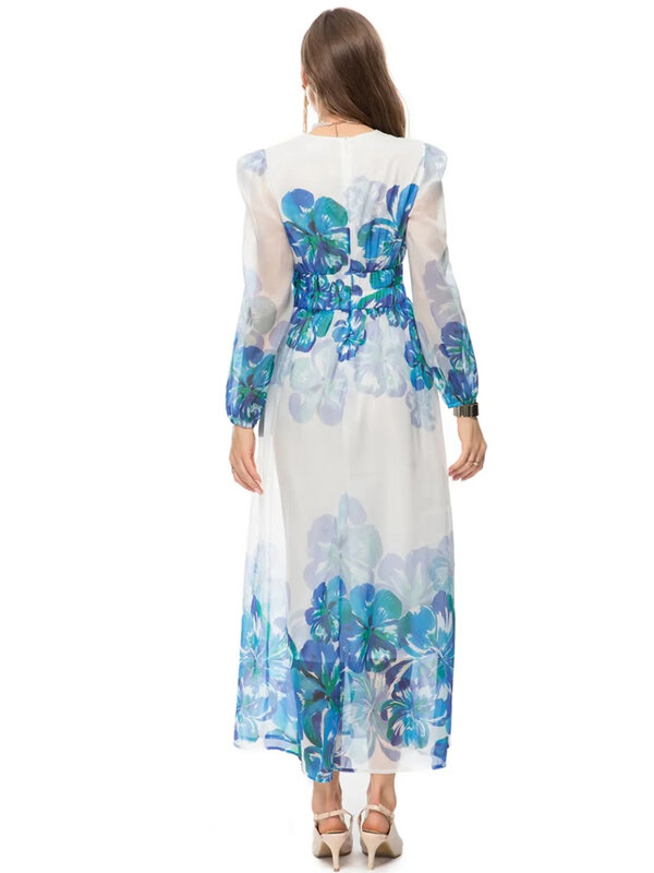 DLDENGHAN الربيع الصيف المرأة فستان طويل الخامس الرقبة فانوس كم الأزرق الزهور طباعة مرونة الخصر فساتين البوهيمي موضة جديدة #6
