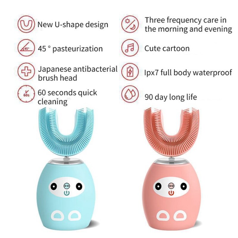 الأطفال U-شكل فرشاة الأسنان الكهربائية الفم الواردة سيليكون الأقواس USB شحن بالموجات فوق الصوتية فرشاة الأسنان الموسيقى النسخة الإنجليزية