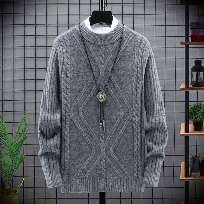 Men Sweater Long Sleeves Solid Color Pullover Stretchy Anti-pilling Round Neck Thick Soft Elastic Warm Sweater Tops Men Clothes