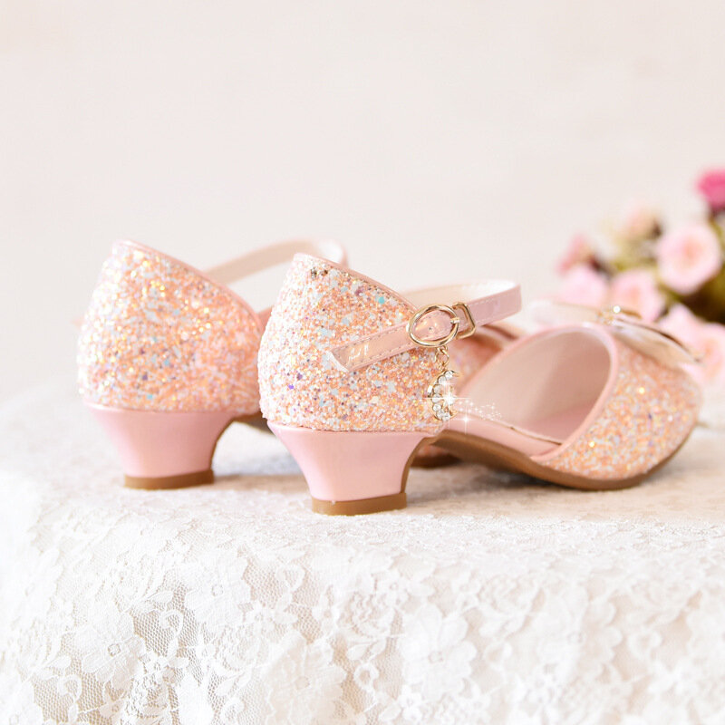 الفتيات الأميرة أحذية الأطفال لامعة عالية الكعب الأبيض تظهر الأحذية الجلدية جديد الصيف الفتيات بووتي Paillette الأداء الصنادل #4