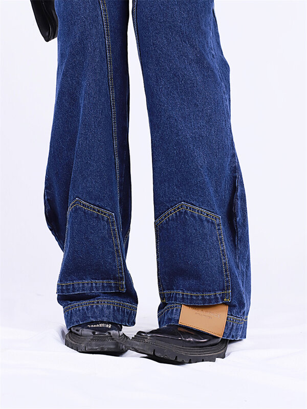 عكس ارتداء تصميم الجينز الأزرق الداكن المرأة الربيع والخريف شخصية جديدة نمط رقيقة واسعة الساق سراويل جينز الأب الإناث