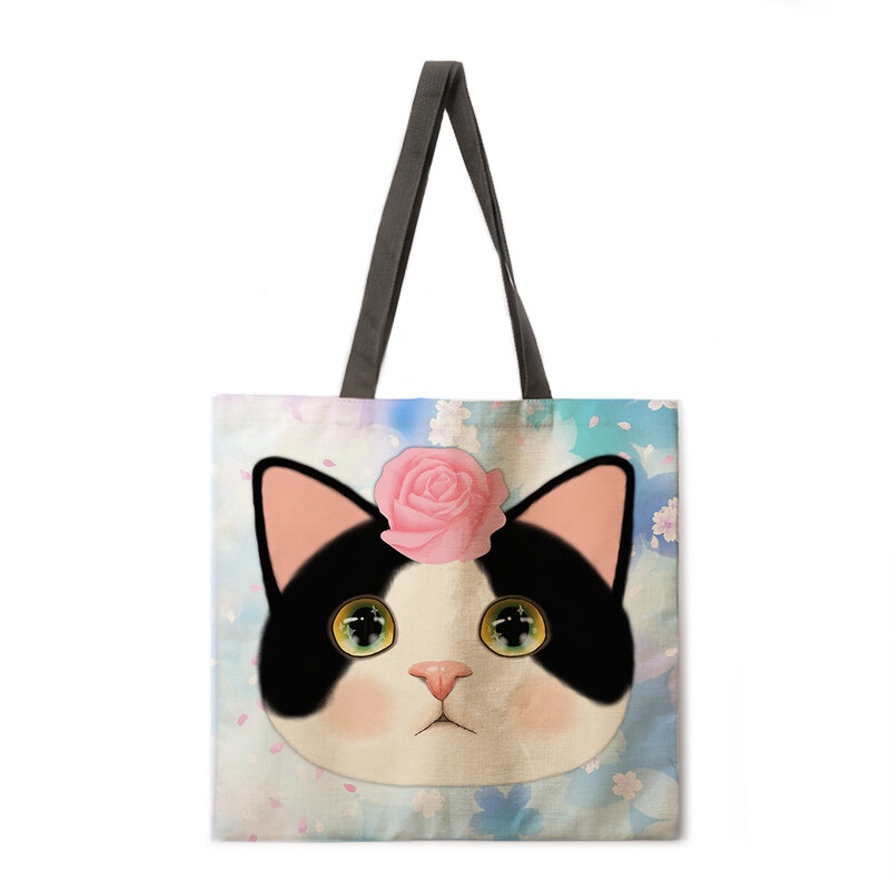 زهرة القط المرأة حقيبة شاطئية قابلة للطي حقيبة كتف حقيبة تسوق مطبوعة حقيبة الكتان عادية حمل قابلة لإعادة الاستخدام #5