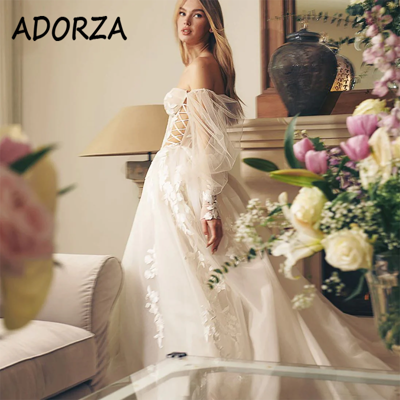أدورزا-فستان زفاف أنيق بأكمام طويلة مع زينة دانتيل ، فستان زفاف مقطوع ، ذيل محكمة ، فستان العروس #5