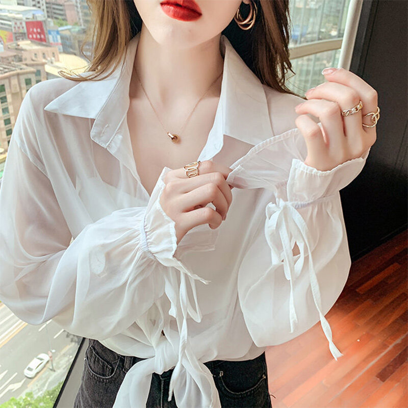 صيف جديد 2022 الكورية بلون القوس جلد كم طويل Suncreen الشيفون قميص المرأة فضفاضة البرية تكييف الهواء البلوزات بلايز