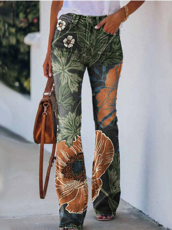 2022 جينز نسائي أوروبي وامريكي كبير بناطيل كاجوال زهور سروال مستقيم رقيق ملابس نسائية