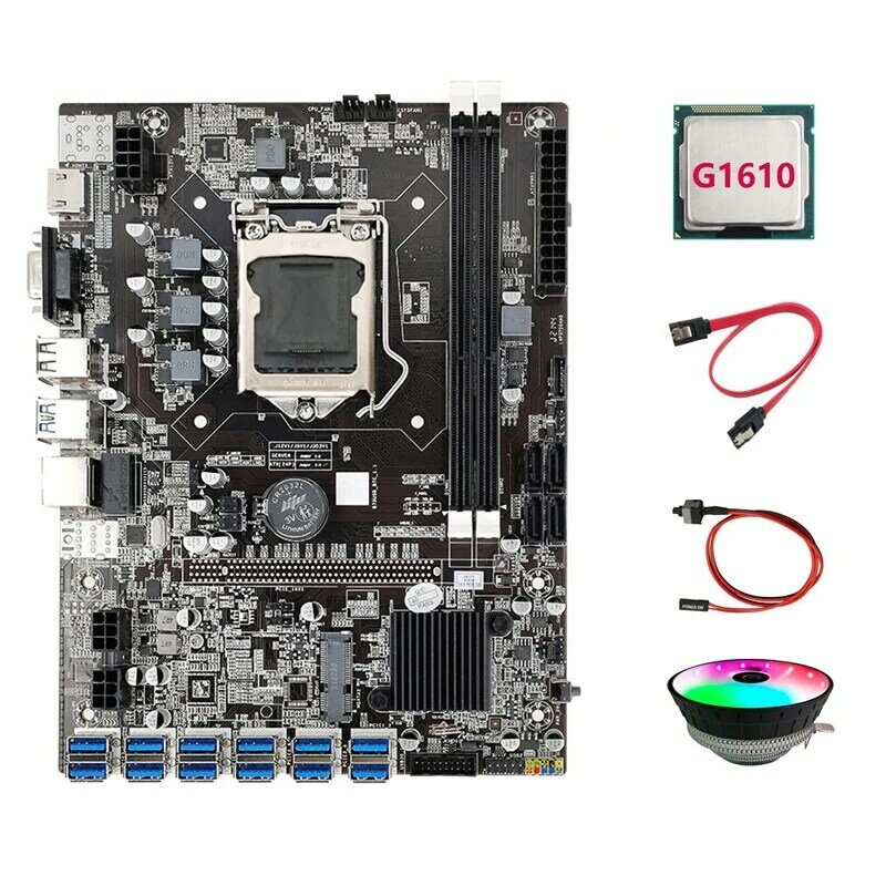لوحة أم للتعدين B75 ETH 12 PCIE إلى USB3.0 + G1610 CPU + كابل التبديل + كابل SATA + RGB مروحة LGA1155 DDR3 B75 USB اللوحة الأم