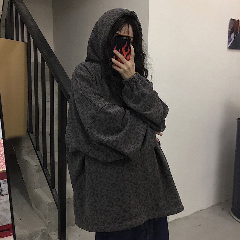 Women 2021 Harajuku Streetwear Punk Top Warm Fleece Plus Size Oversized Loose Hooded Leopard Hip Hop Sweatshirt Pullover Hoodies