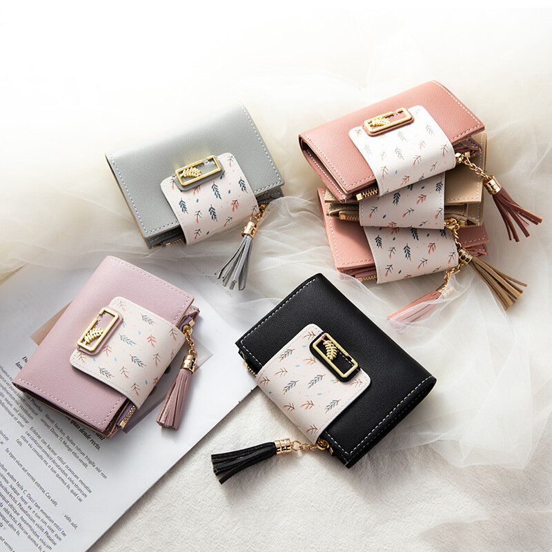 Fashion Tassels Short Wallet Bag for Women Pouch PU Leather Bags Cute Korean Card Holder Female Folding Small Bolsas Coin Purse