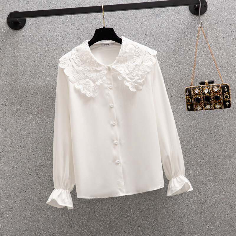 حجم 4XL قميص نسائي الصلبة الأبيض الربيع طويلة مضيئة الأكمام رقيقة الشيفون تي شيرت كامل الوزن الثقيل الحد من العمر قميص للسيدات
