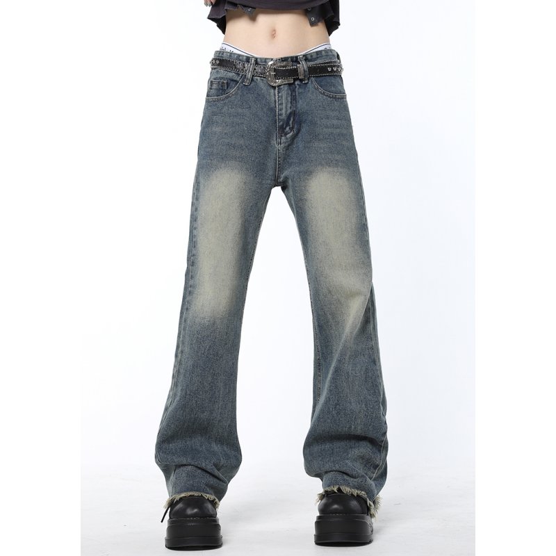بنطلون جينز نسائي أزرق عتيق على الموضة الأمريكية بأرجل واسعة من الجينز بنطلون جينز نسائي مستقيم فضفاض من قماش الدنيم