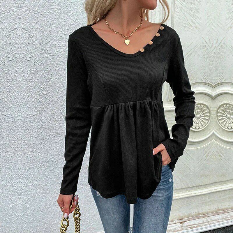 New Autumn Winter Casual Stand V-Neck Long Sleeve Solid Color Button All Match Knitted Tops For Fashion Black