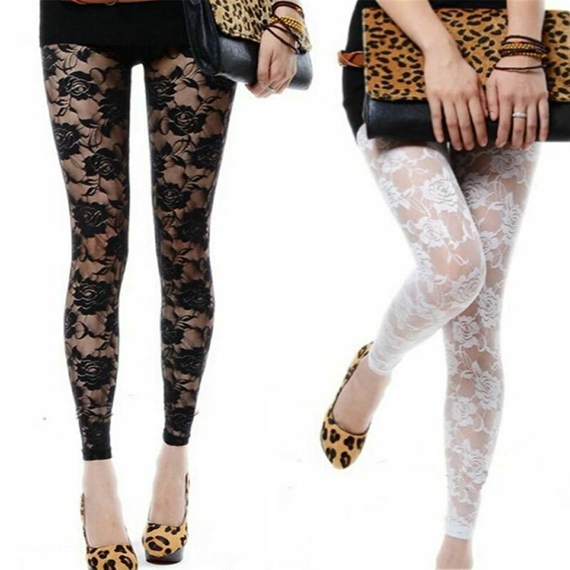 2022 fashion Sexy Women Lady Rose Lace Through Footless Tights - Black or White